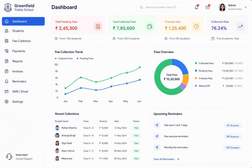 fee management software dashboard showing pending and collected fees