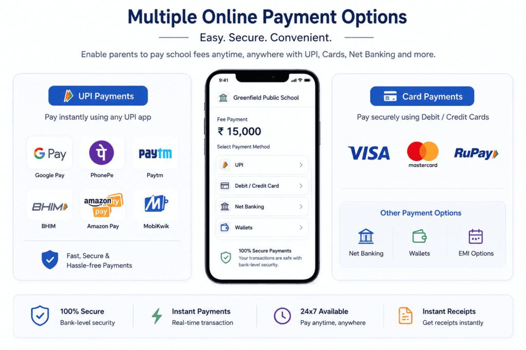 UPI and card payment options in school fee management software